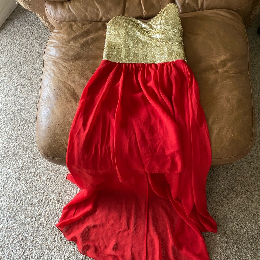 Gold sequin and red hi-low dress